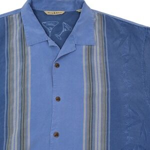 Tommy Bahama Men's L Silk Camp Shirt Blue Tropical Martini Bamboo Print